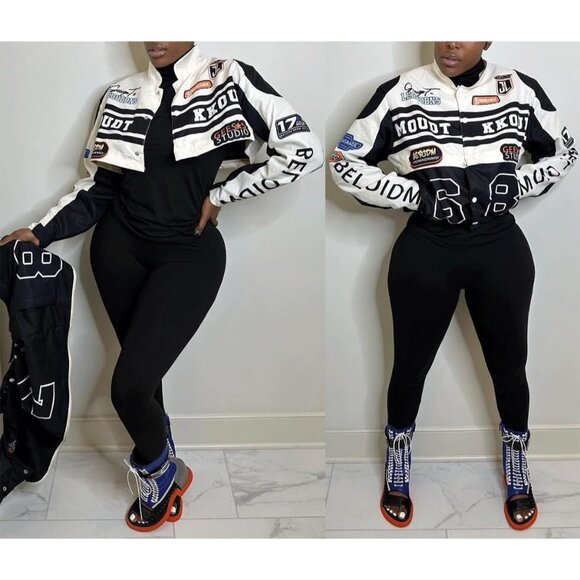 Women Varsity Jacket Motorcycle Racer Detachable Letter Graphic Jackets Black - Picture 8 of 9